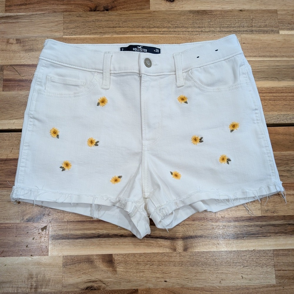 Hollister Womens Denim Jean Shorts 28 Waist High Rise White 7 Daisy Embroidered